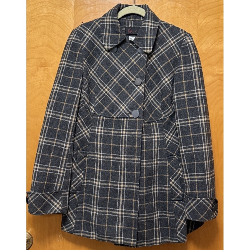 Via Womens Double Breasted Wool Blend‎ Swing Coat Fully Lined Gray/Camel Sz 10